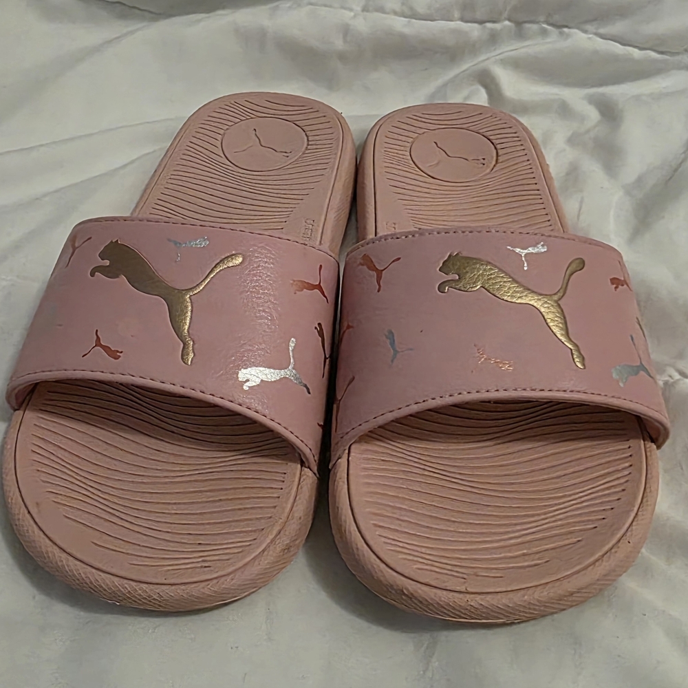 Pink Puma Slide Sandals with Gold Logo